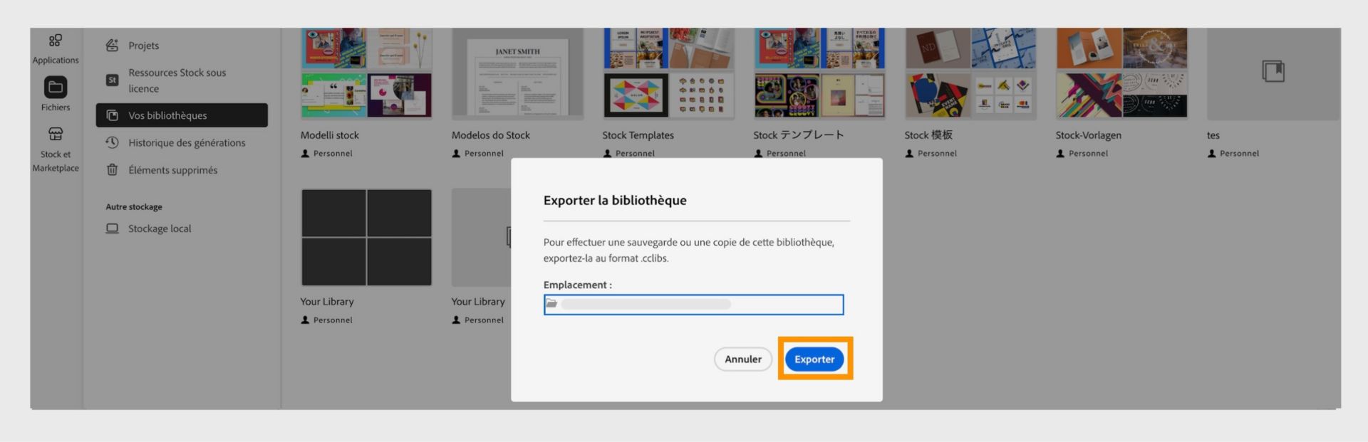 La boîte de dialogue Bibliothèque d’exportation dans la fenêtre Vos bibliothèques permet de sélectionner l’emplacement de l’exportation et le bouton d’exportation. 