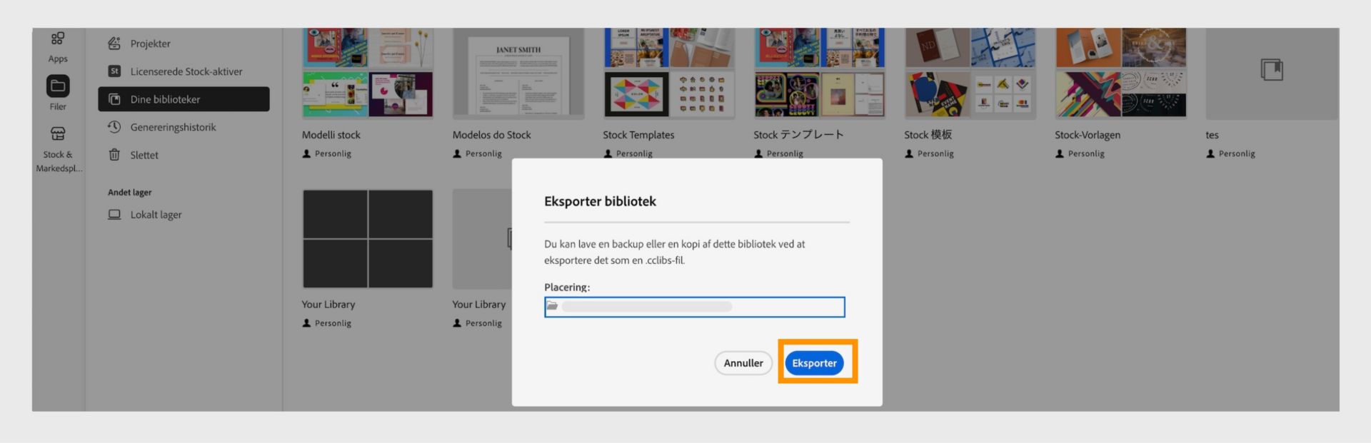 Dialogboksen Eksportér bibliotek i vinduet Dine biblioteker giver mulighed for at vælge placeringen for eksporten og eksportknappen. 
