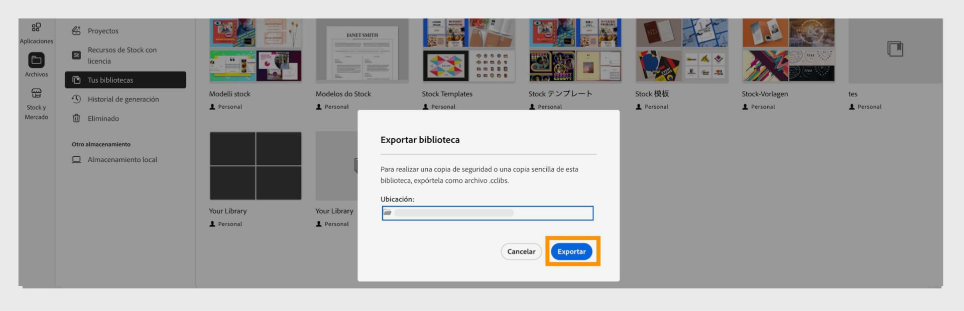 El cuadro de diálogo de exportación de biblioteca en la ventana Tus bibliotecas proporciona la opción de seleccionar la ubicación para la exportación y el botón de exportación. 