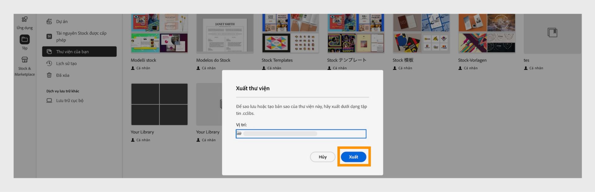 Hộp thoại Xuất thư viện trong cửa sổ Thư viện của bạn cung cấp tùy chọn để chọn vị trí xuất và nút xuất. 