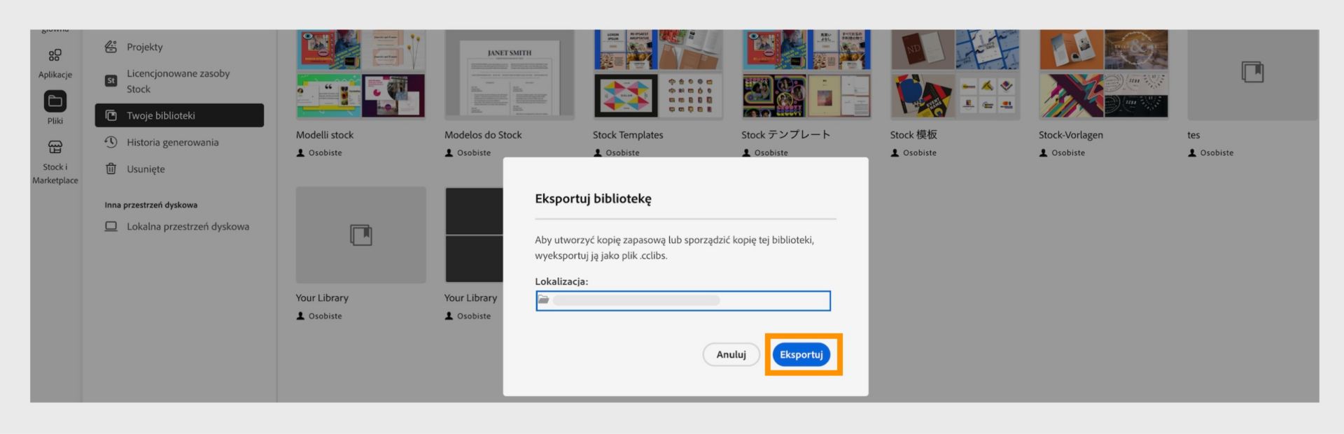 Okno dialogowe Eksportuj bibliotekę w oknie Twoje biblioteki umożliwia wybranie lokalizacji eksportu oraz zawiera przycisk eksportu. 