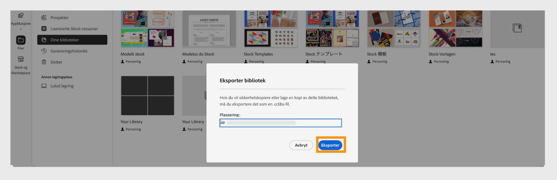 Dialogboksen Eksporter bibliotek i vinduet Dine biblioteker gir deg muligheten til å velge plassering for eksporten og eksportknappen. 