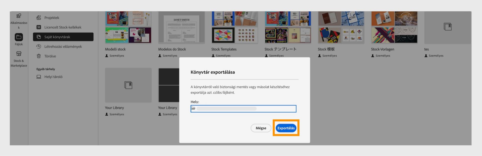 A Saját könyvtárak ablak Könyvtár exportálása párbeszédpanele lehetőséget biztosít az exportálás helyének kiválasztására és az exportálás gombra használatára. 