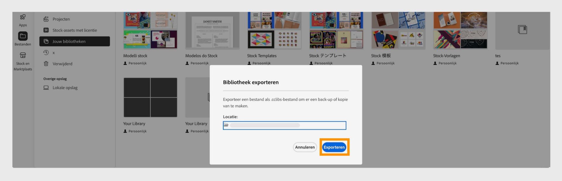 Het dialoogvenster Bibliotheek exporteren in het venster Uw bibliotheken biedt de mogelijkheid om de locatie voor het exporteren te selecteren en de export button. 