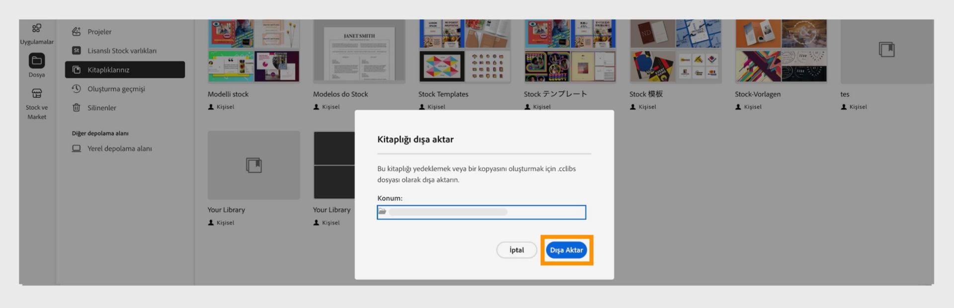 Kitaplıklarınız penceresindeki Kitaplığı dışa aktar iletişim kutusunda, dışa aktarma konumunu ve dışa aktarma düğmesini belirleme seçeneği sunulur. 