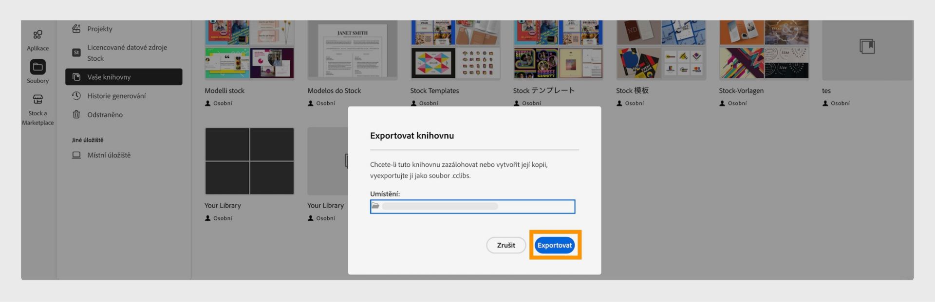 Dialogové okno Export knihovny v okně Vaše knihovny poskytuje možnost vybrat umístění pro export a tlačítko pro export. 