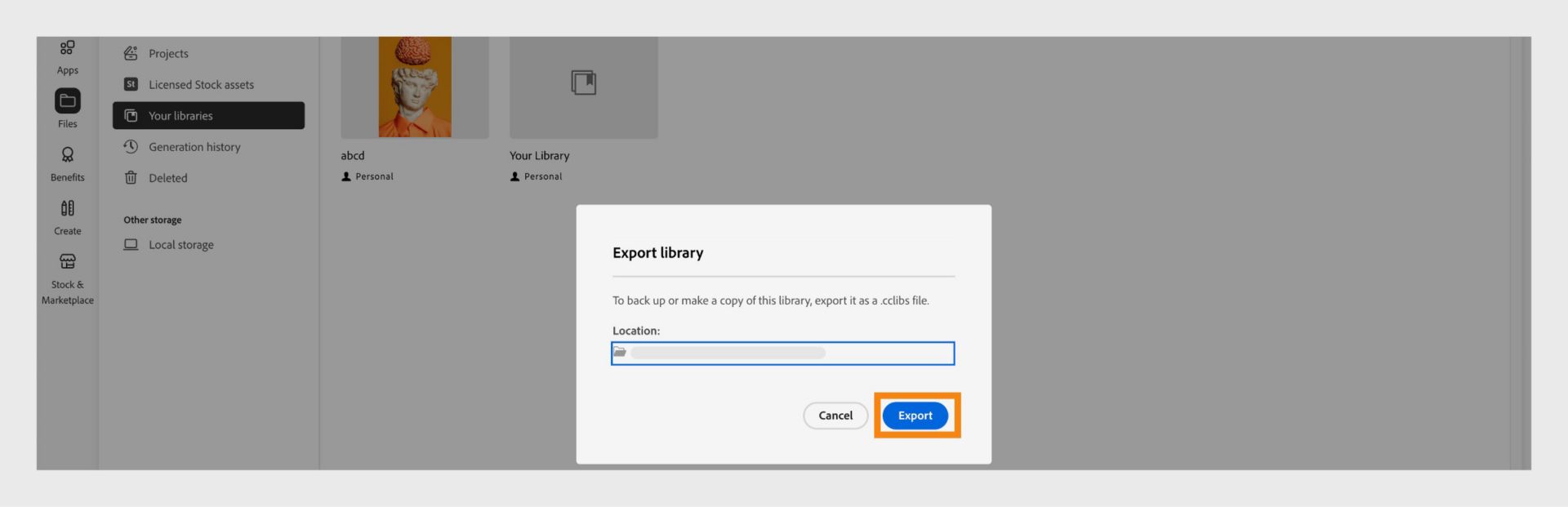 يوفر مربع الحوار Export library في نافذة Your libraries خيارًا لتحديد موقع التصدير وزر التصدير. 