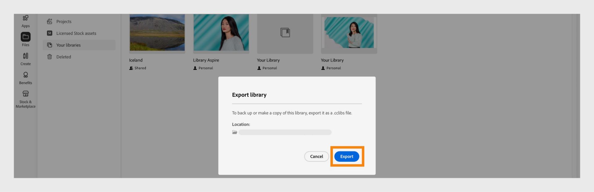 Het dialoogvenster Bibliotheek exporteren in het venster Uw bibliotheken biedt de mogelijkheid om de locatie voor het exporteren te selecteren en de export button. 
