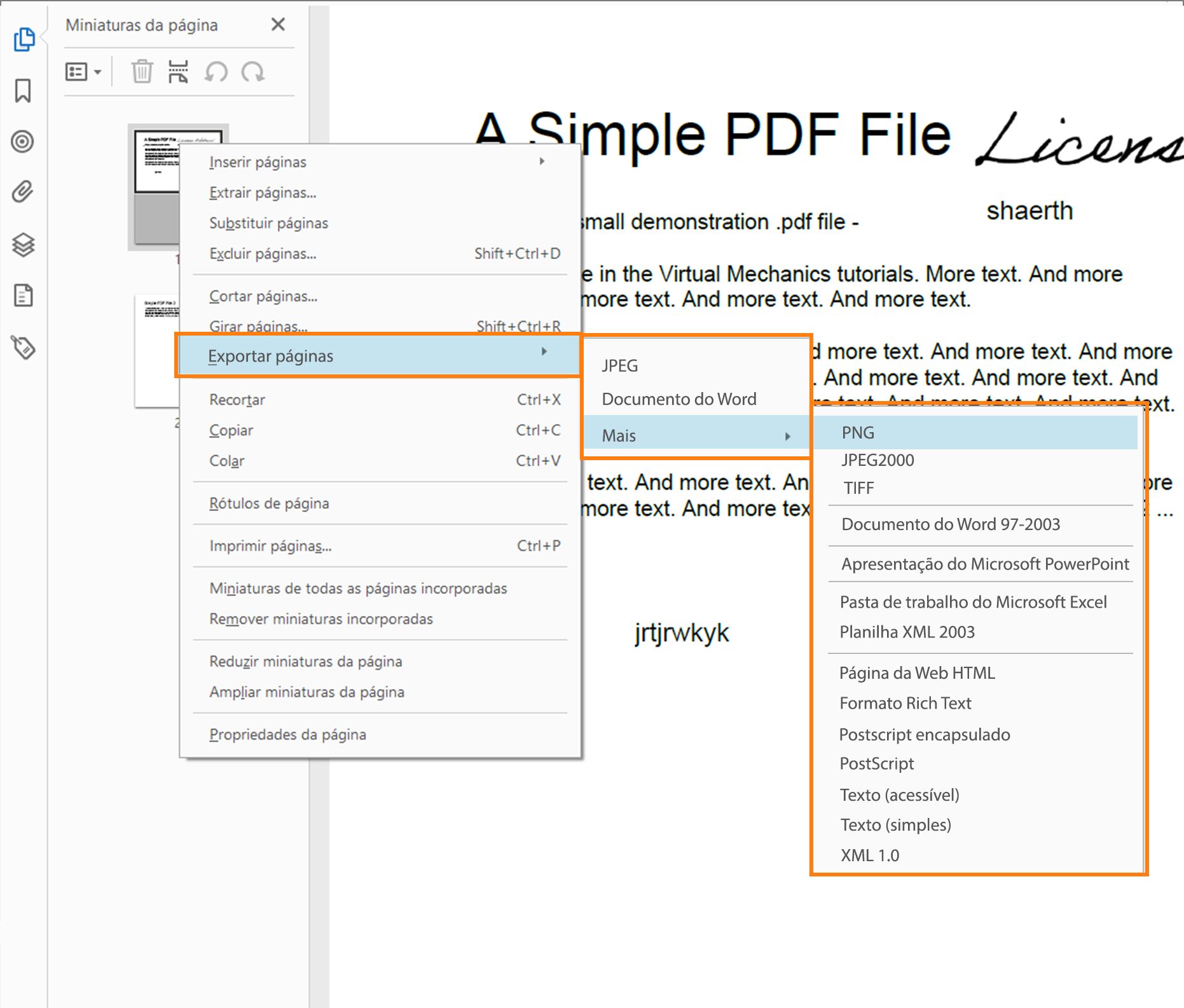 Nova opção de exportação no menu de contexto das miniaturas de página