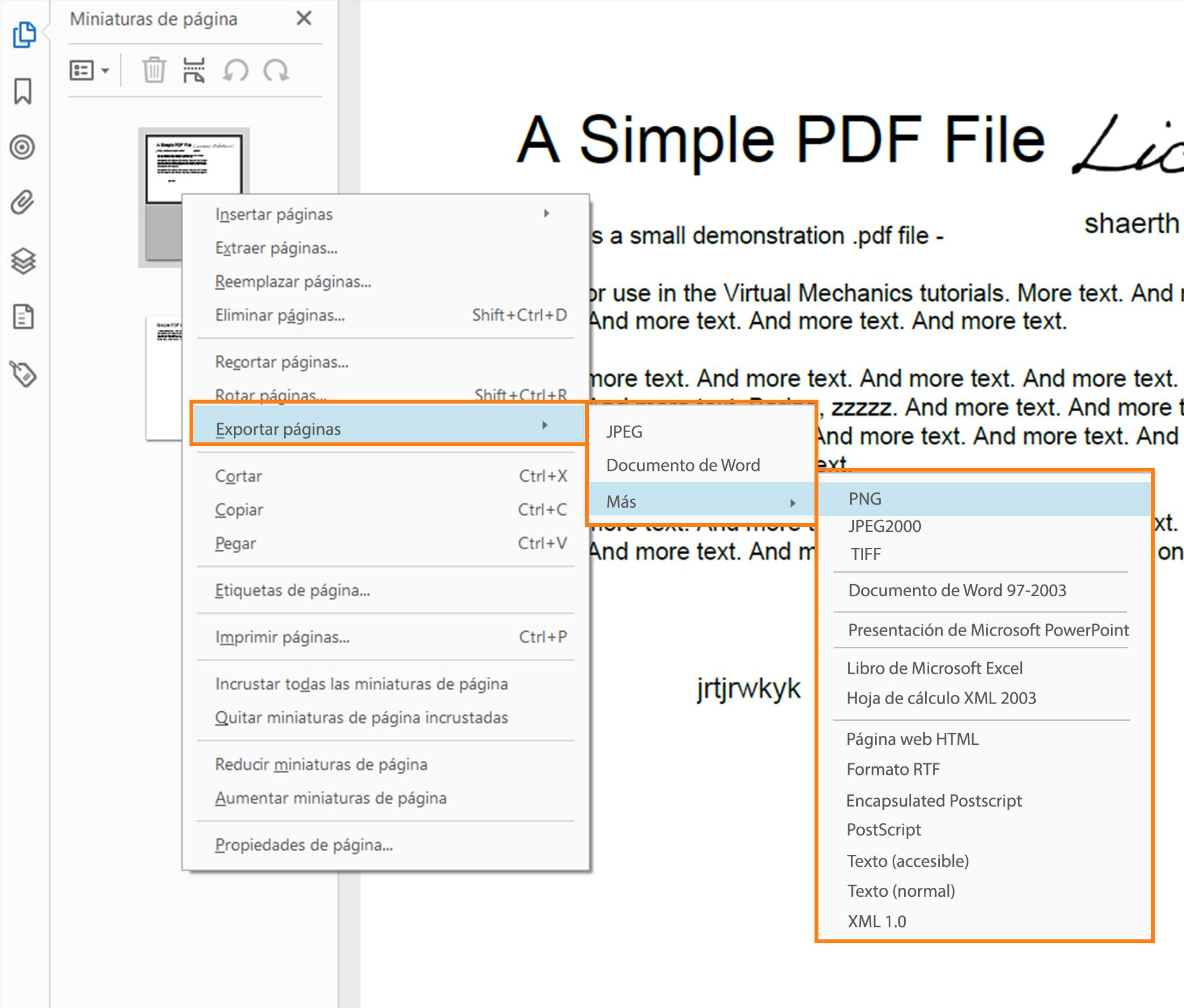 Nueva opción de exportación en el menú contextual de miniaturas de página
