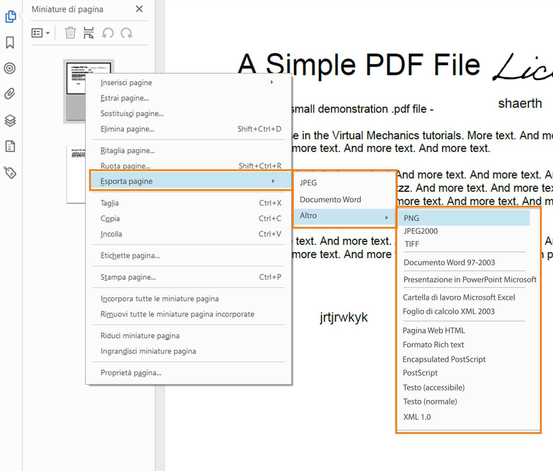 Nuova opzione di esportazione nel menu di scelta rapida delle miniature di pagina