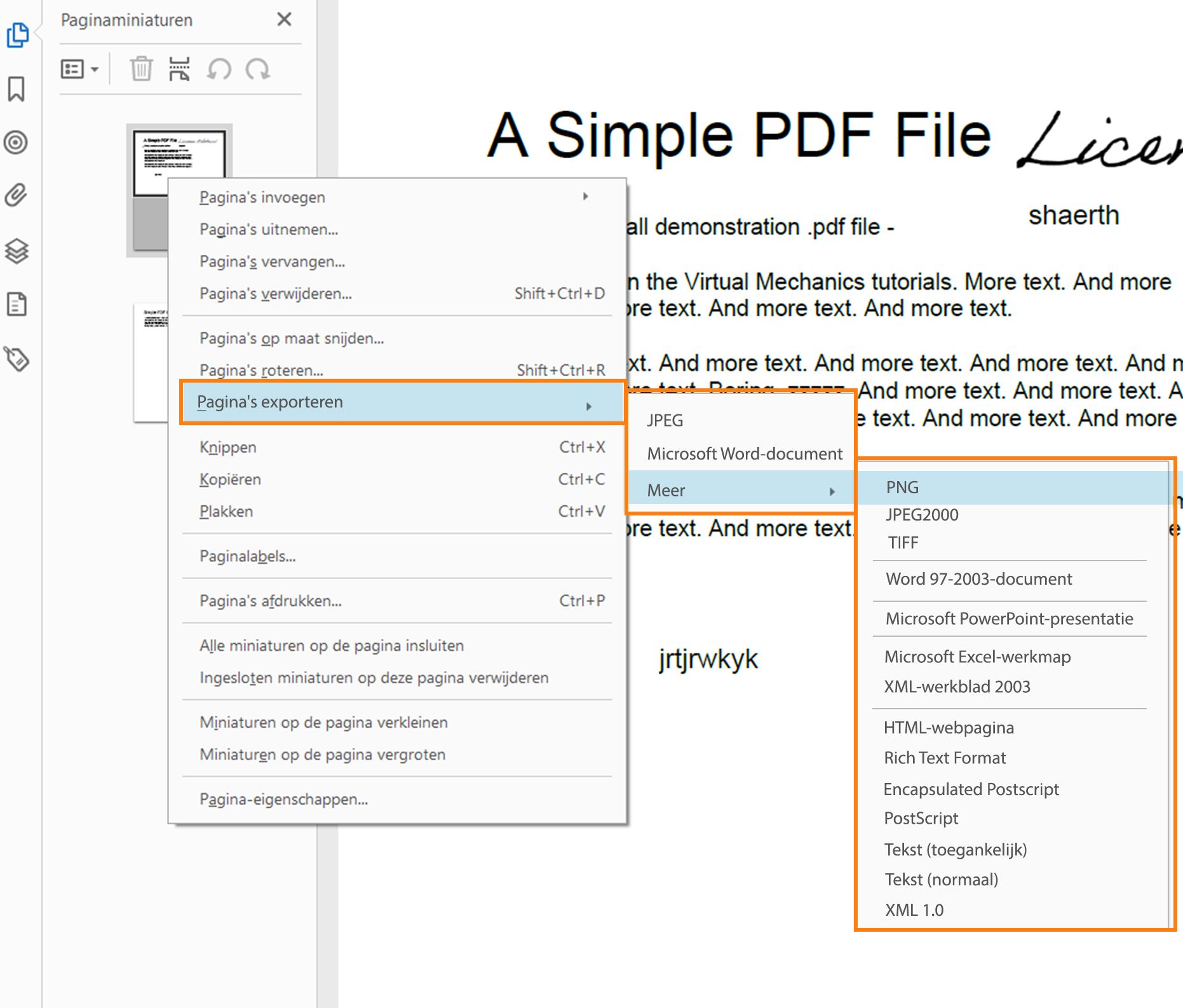 Nytt eksportalternativ i sideminiatyrkontekstmenyen