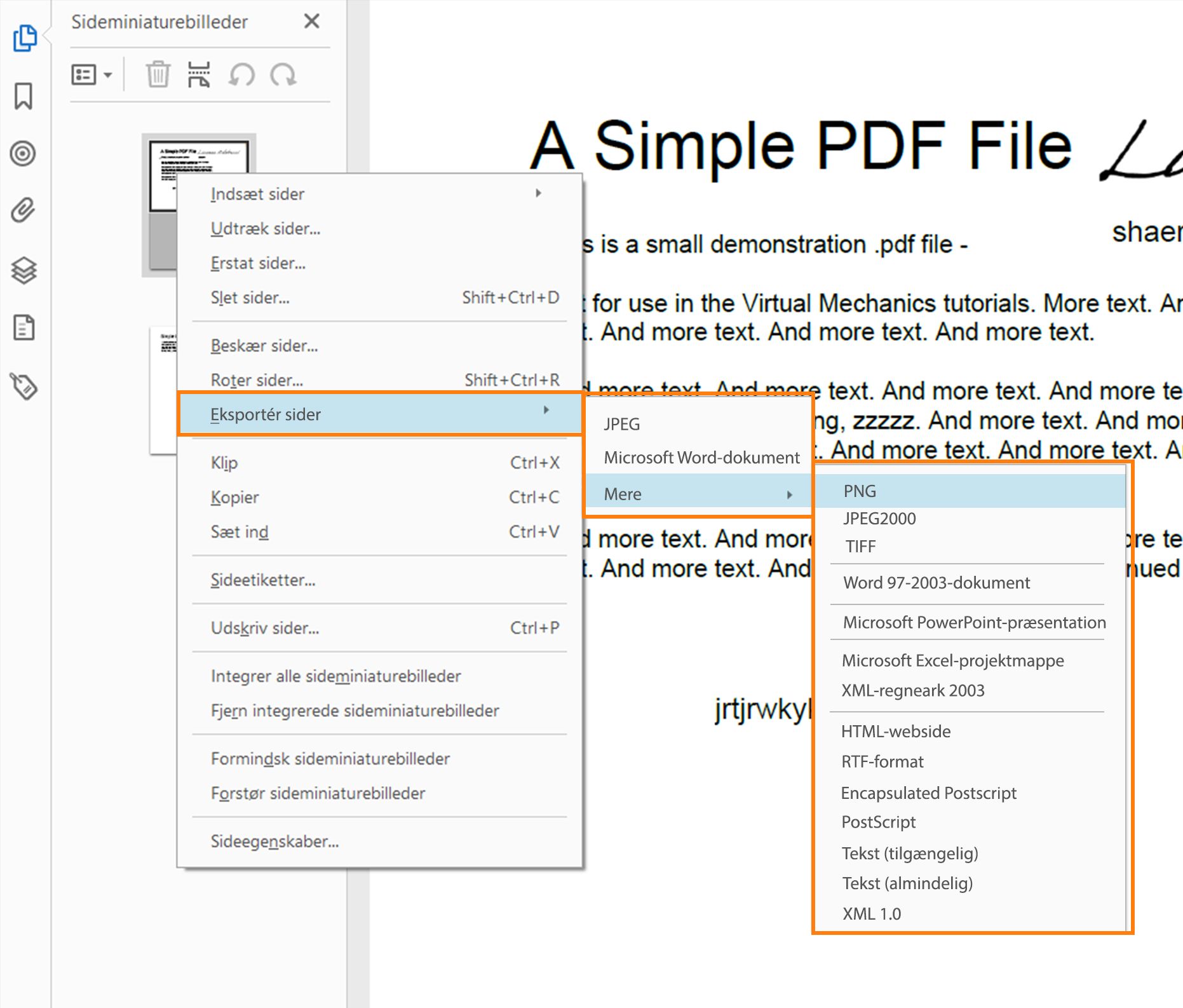 Ny eksportindstilling i genvejsmenuen for sideminiaturer