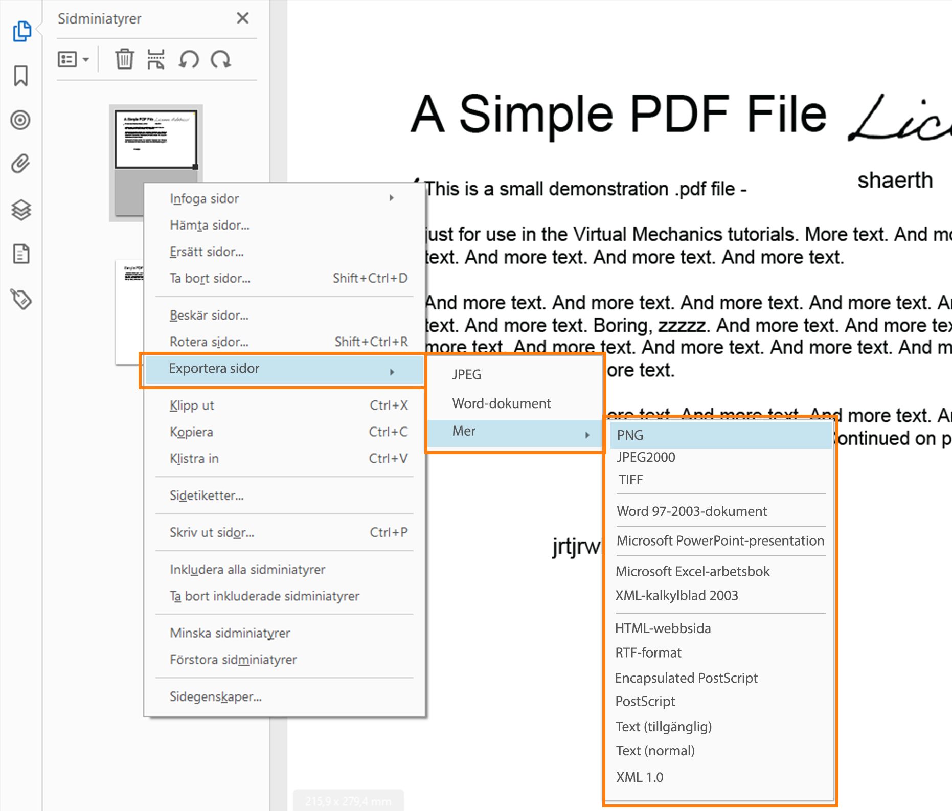 Nytt alternativ för export på snabbmenyn för sidminiatyrer