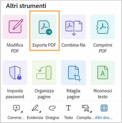 Esportare un PDF utilizzando l’app Acrobat Reader per Android.