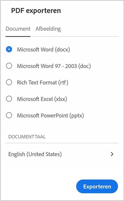 Exporteer PDF als documentindeling met Acrobat Reader voor Android.
