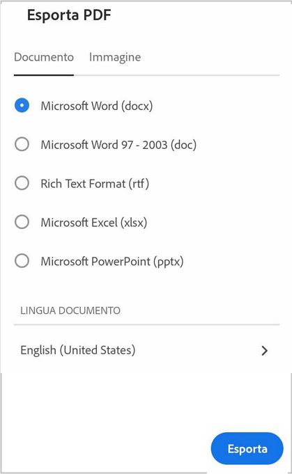 Esportare un PDF come formato documento utilizzando l’app Acrobat Reader per Android.