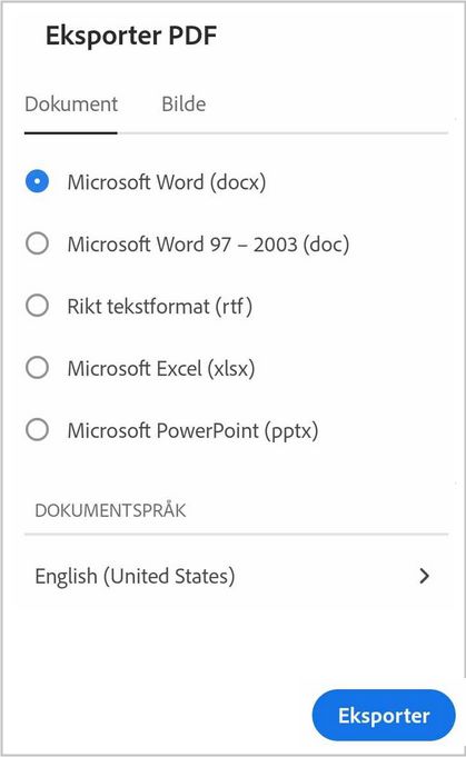 Eksporter PDF som dokumentformat ved bruk av Acrobat Reader for Android-appen.