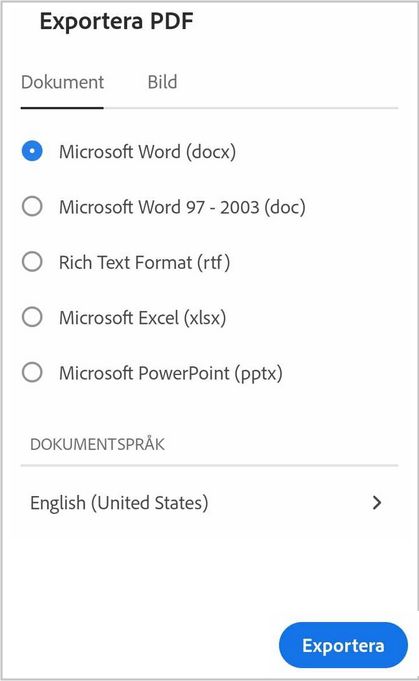 Exportera PDF som dokumentformat med appen Acrobat Reader för Android.
