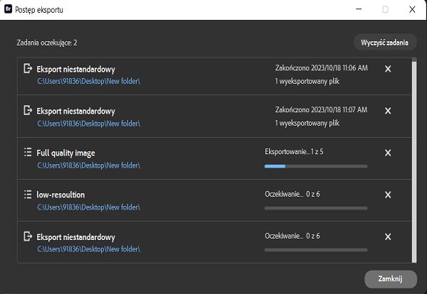 Postęp zadań eksportowania można wyświetlić w oknie Postęp eksportu. 