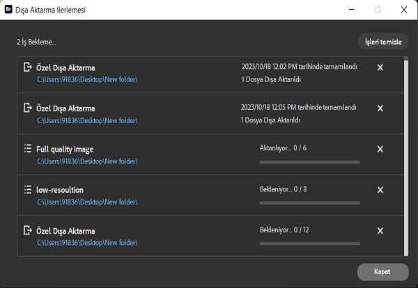 Dışa aktarma işlerinizin ilerleme durumunu Dışa Aktarma İlerlemesi penceresinde görüntüleyin. 