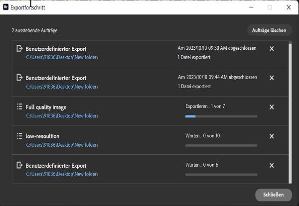 Sieh im Fenster „Exportstatus“ den Fortschritt deiner Exportaufträge. 