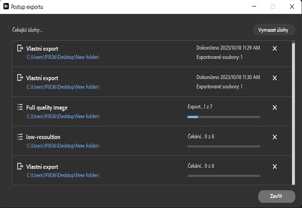 V okně Postup exportu můžete sledovat průběh úloh exportu. 