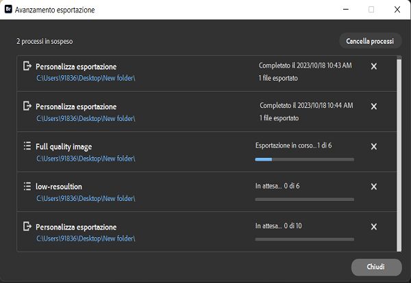 Visualizzate lo stato di avanzamento dei processi di esportazione nella finestra di avanzamento esportazione. 