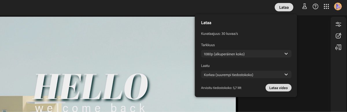 Lataa-asetuspaneeli on auki ja näyttää kuvataajuuden ja arvioidun tiedostokoon.Voit määrittää resoluution ja laatuasetukset Lataa video -painikkeella.