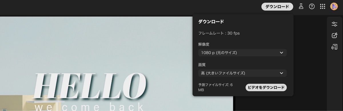 ダウンロード設定パネルが開き、フレームレートと推定ファイルサイズが表示されます。「動画をダウンロード」ボタンでは、解像度と品質オプションを指定するオプションを使用できます。