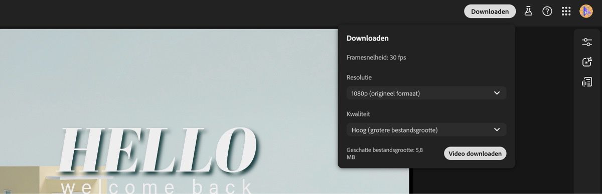 Het deelvenster Instellingen voor downloaden toont de framesnelheid en geschatte bestandsgrootte.Je hebt de mogelijkheid om de resolutie en kwaliteit te specificeren met de knop Video downloaden.