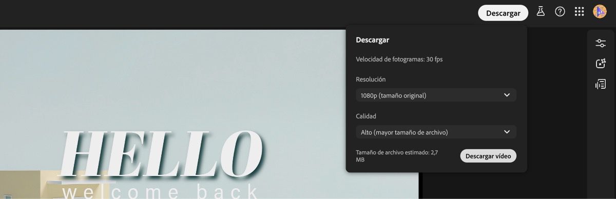 El panel Ajustes de descarga está abierto y muestra la velocidad de fotogramas y el tamaño estimado del archivo.Tiene la opción de especificar las opciones de resolución y calidad con el botón Descargar vídeo.