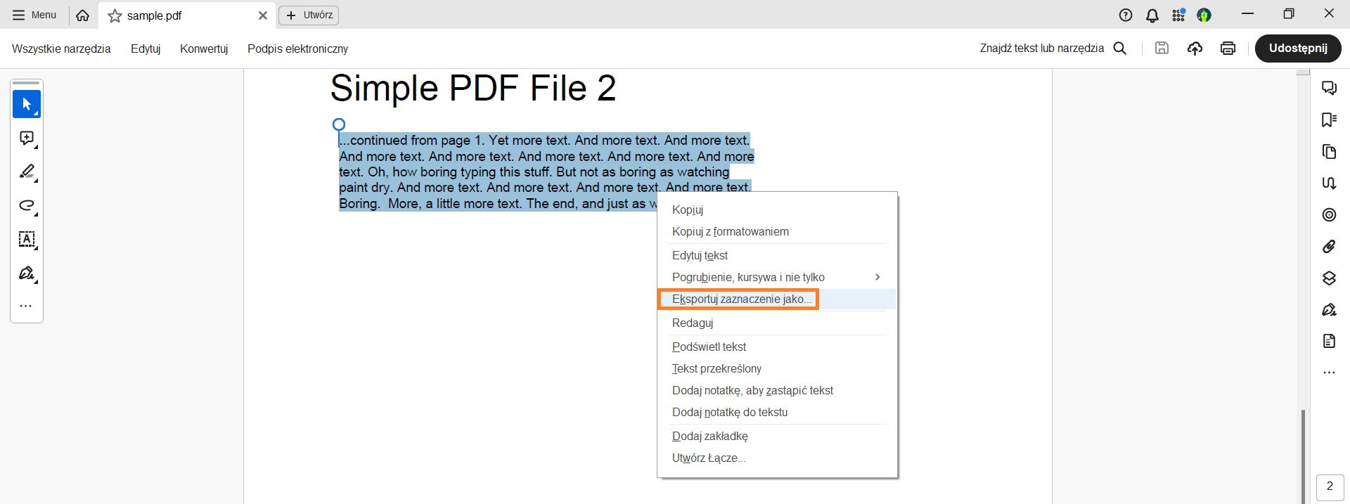 Zaznacz konkretny tekst, a następnie wybierz opcję Eksportuj-zaznaczenie-jako.