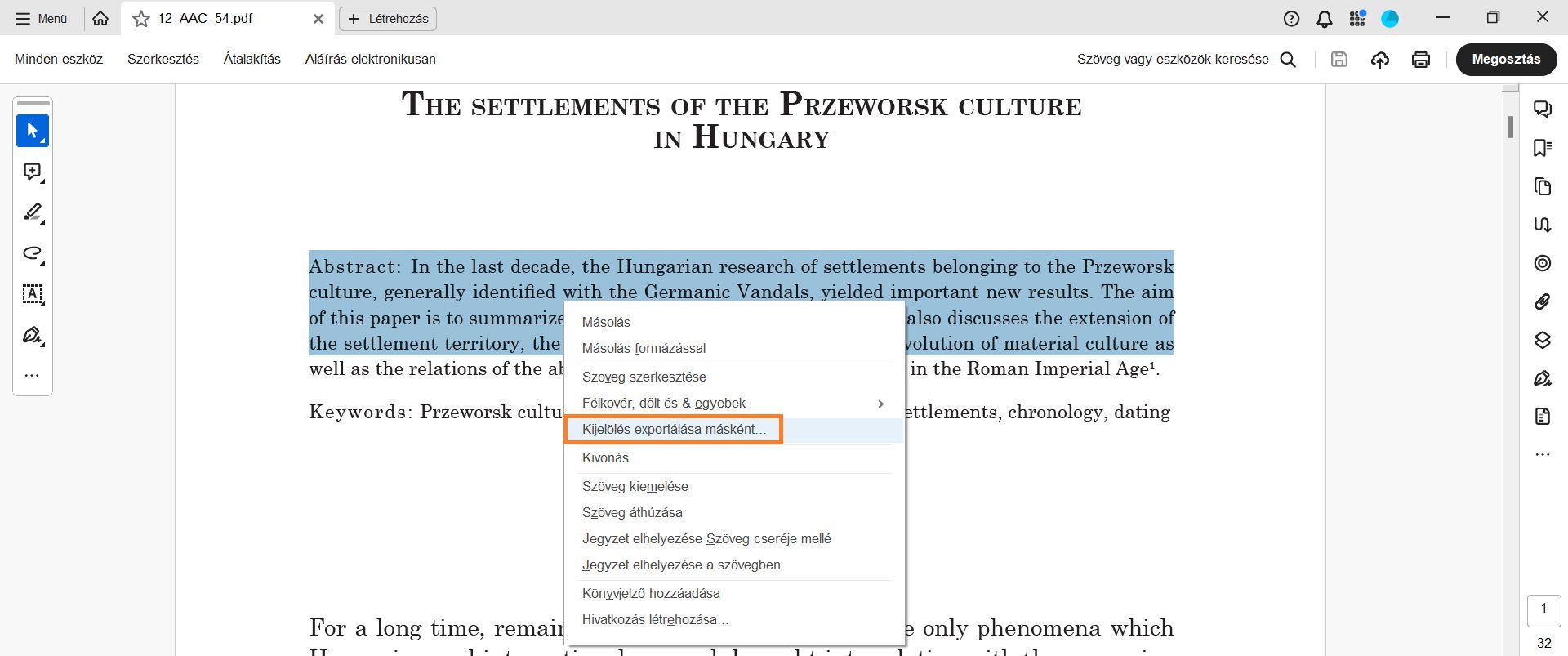 Válassza ki a kívánt szöveget, majd válassza az Kijelölés exportálása másként lehetőséget