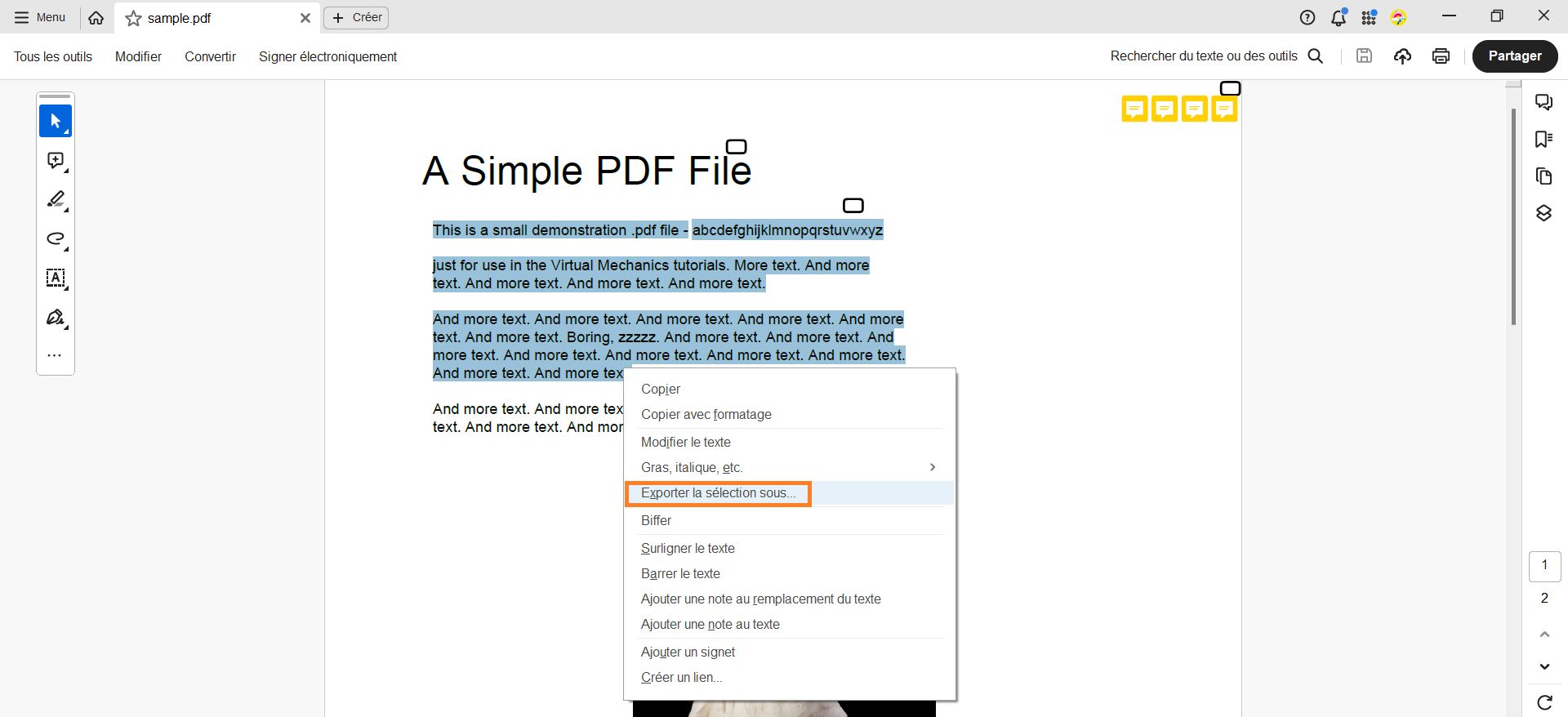 Sélectionnez un texte spécifique, puis sélectionnez Exporter la sélection sous.