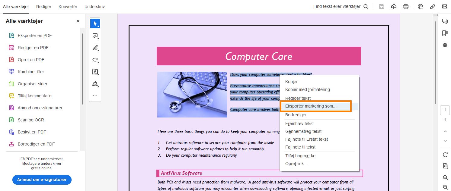 Marker en bestemt tekst, og vælg Eksportér-valg-som