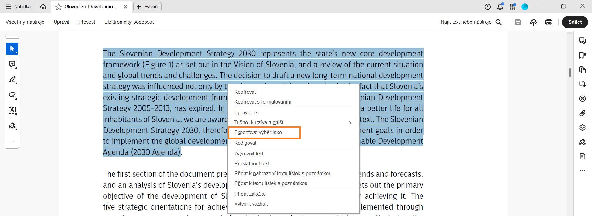 Vyberte určitý text a poté vyberte možnost Exportovat výběr jako