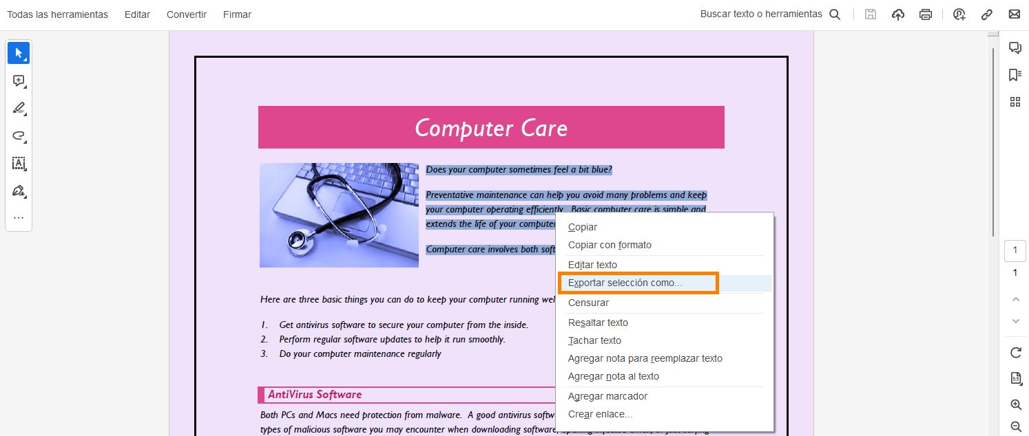 Seleccione un texto específico y, a continuación, seleccione Exportar-selección-como.