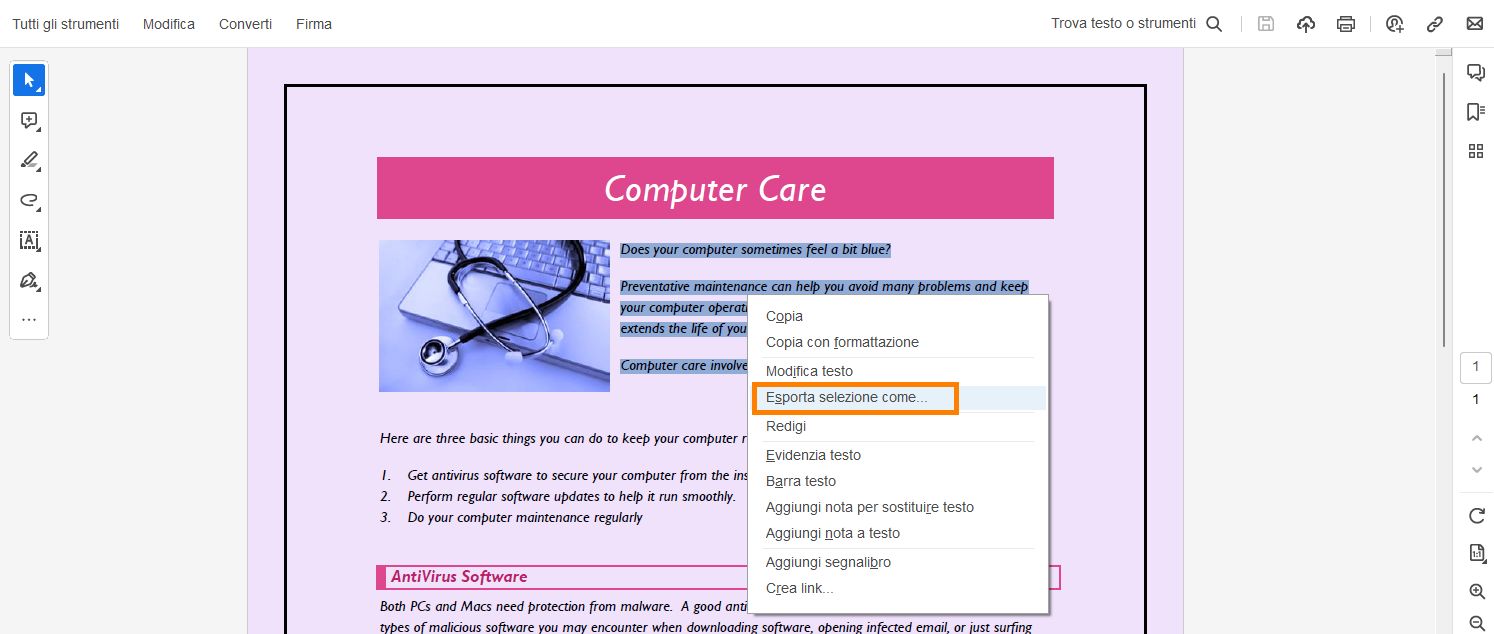 Selezionare un testo specifico, quindi Esporta-selezione-come