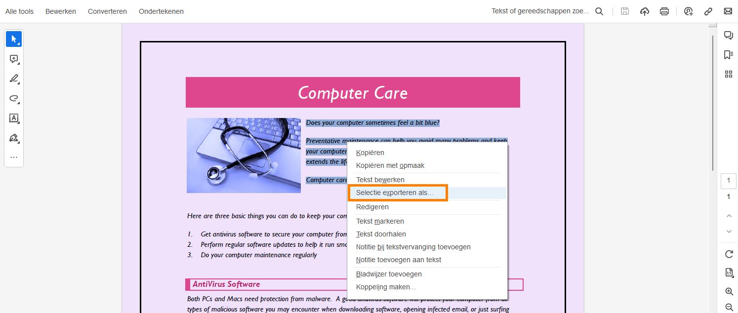 Selecteer specifieke tekst en selecteer Export-selection-as