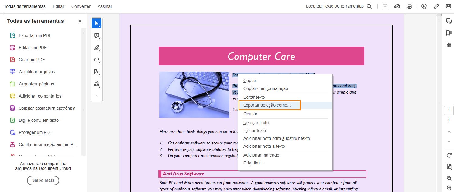 Selecione um texto específico e selecione Exportar seleção como