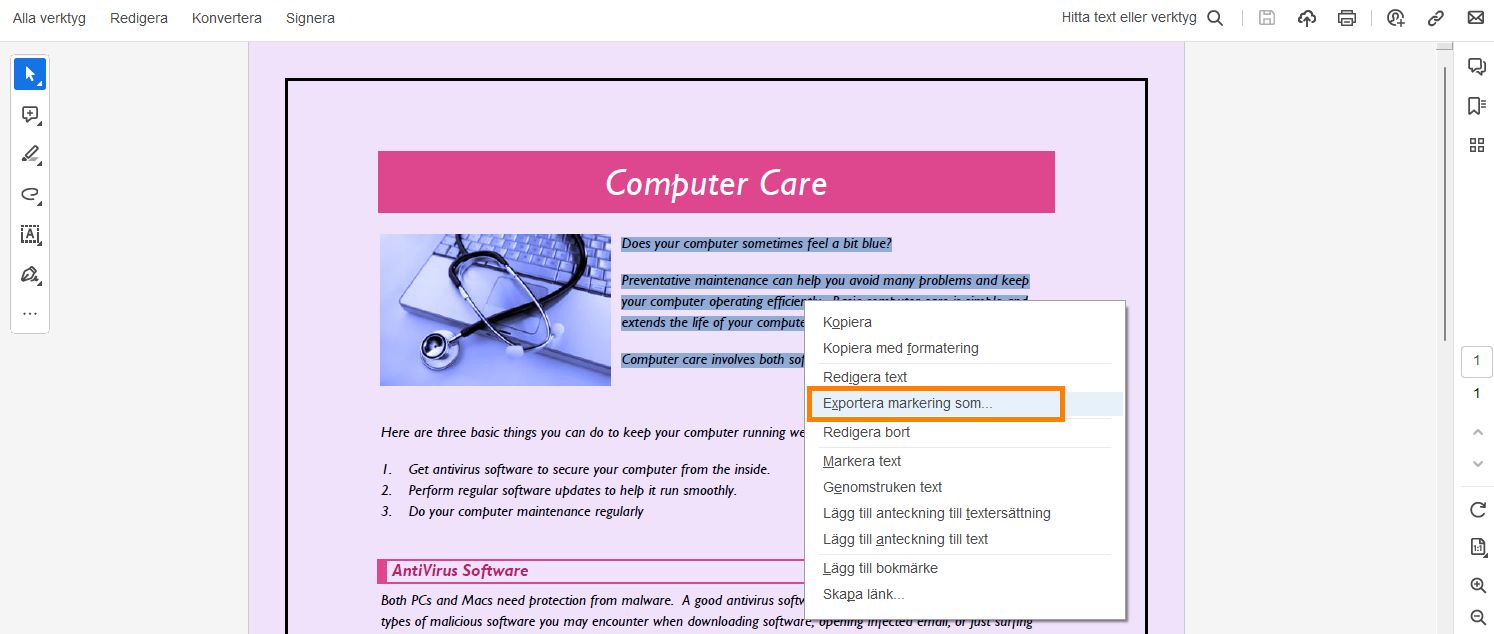 Markera specifik text och välj sedan Exportera-urval-som
