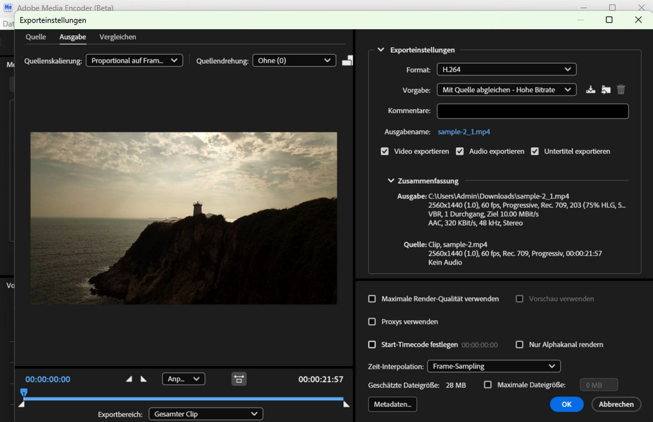 Das Dialogfeld Exporteinstellungen ist geöffnet, wobei die Registerkarte Output ausgewählt ist, um die Ausgabeeinstellungen anzupassen.