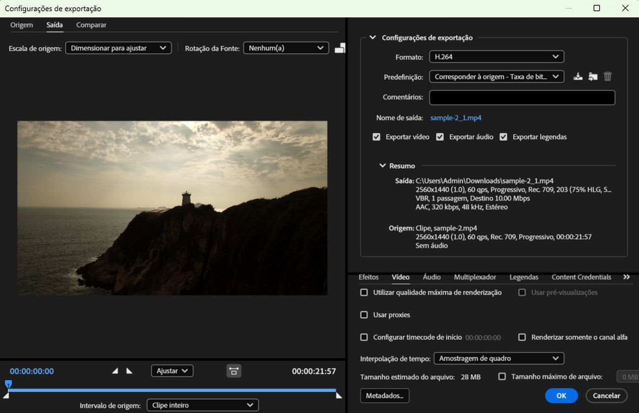 A caixa de diálogo Configurações de exportação está aberta com a guia Saída selecionada para ajustar as configurações de saída.