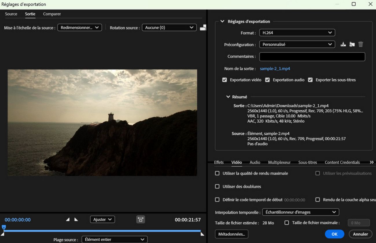 La boîte de dialogue Paramètres d'export est ouverte avec l'onglet Sortie sélectionné pour ajuster les paramètres de sortie.