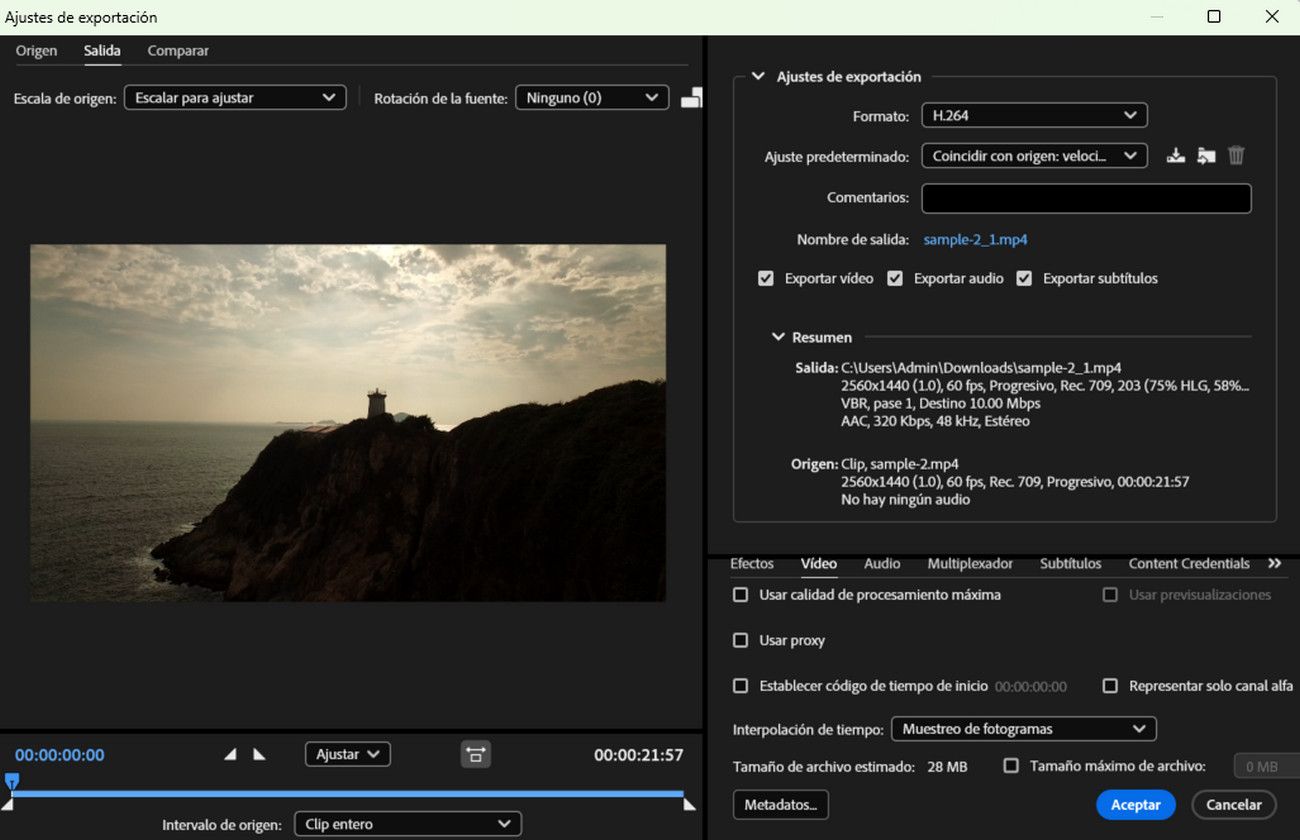 El cuadro de diálogo Configuración de exportación está abierto con la pestaña Salida seleccionada para ajustar la configuración de salida.