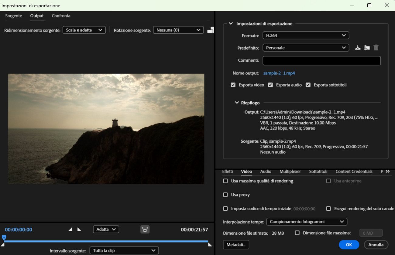 La finestra di dialogo Impostazioni di esportazione è aperta con la scheda Output selezionata per regolare le impostazioni di output.