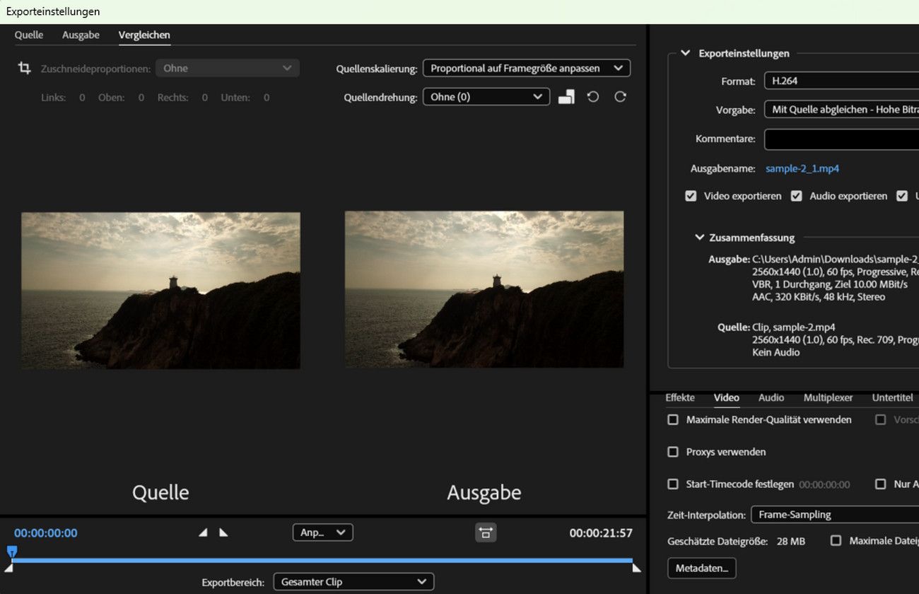 Das Dialogfeld „Exporteinstellungen“ ist geöffnet und auf der Registerkarte „Vergleichen“ gibt es zwei Vorschauen, die eine für die Quelle und die andere für die Ausgabe. 