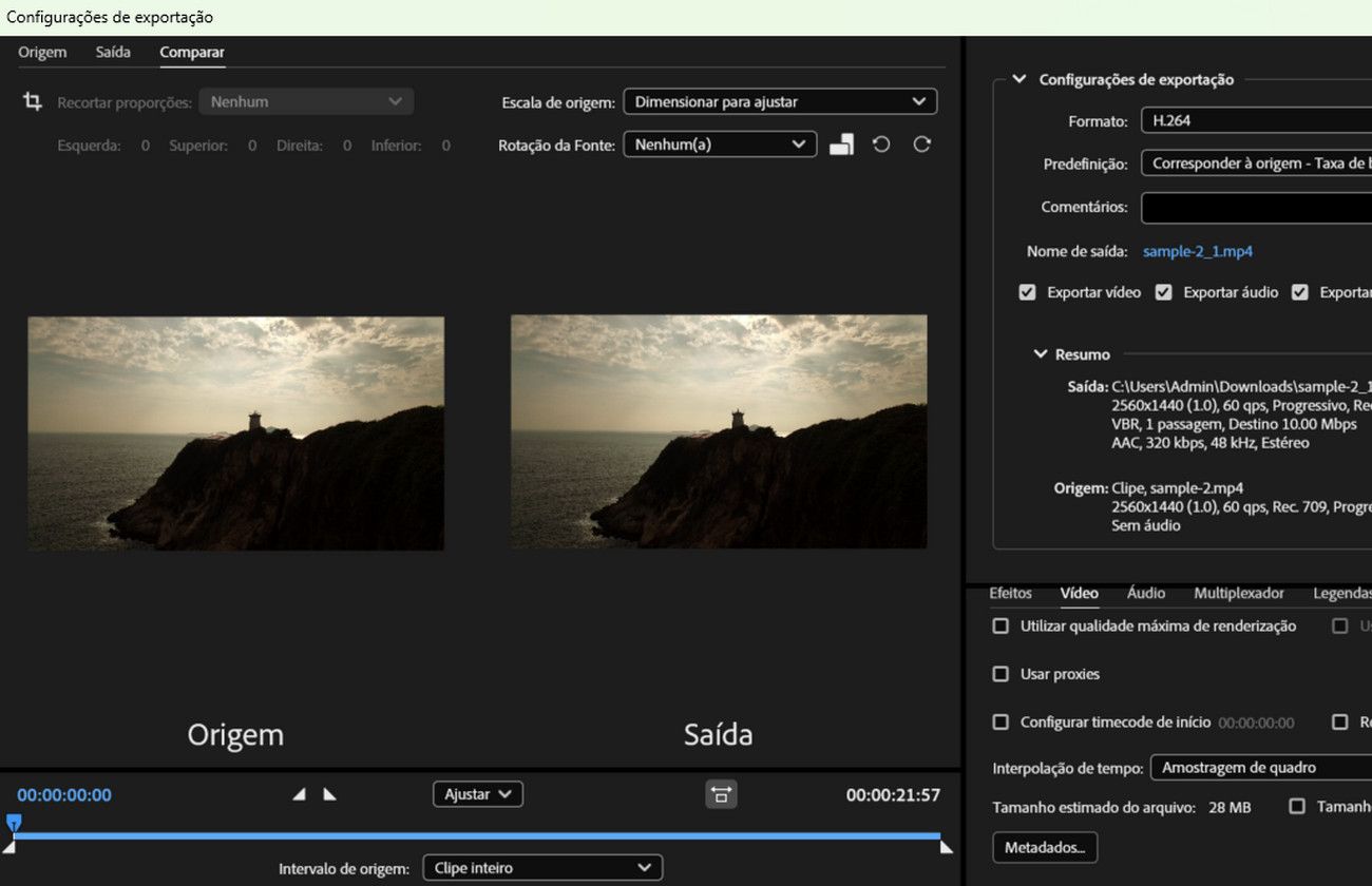 A caixa de diálogo Configurações de exportação é aberta e, na guia Comparar, há duas visualizações: uma para a origem e a outra para a saída. 