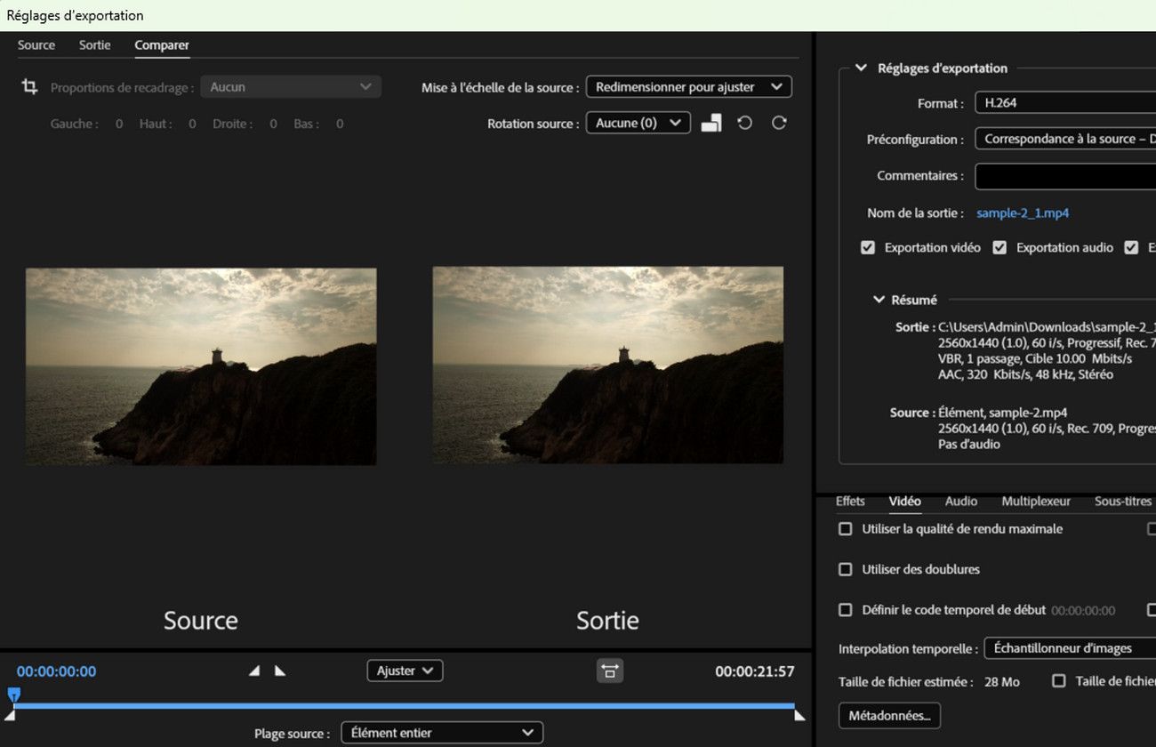 La boîte de dialogue Réglages d’exportation est ouverte. Dans l’onglet Comparer, deux prévisualisations sont disponibles : l’une de la source et l’autre de la sortie. 